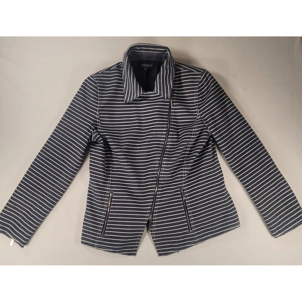 Lafayette 148 New York Striped Moto Jacket Size‎ 10 Asym Zip Raw Hem